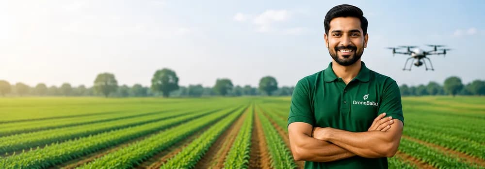 A DroneBabu spray service provider standing in a field, a drone flying behind him.