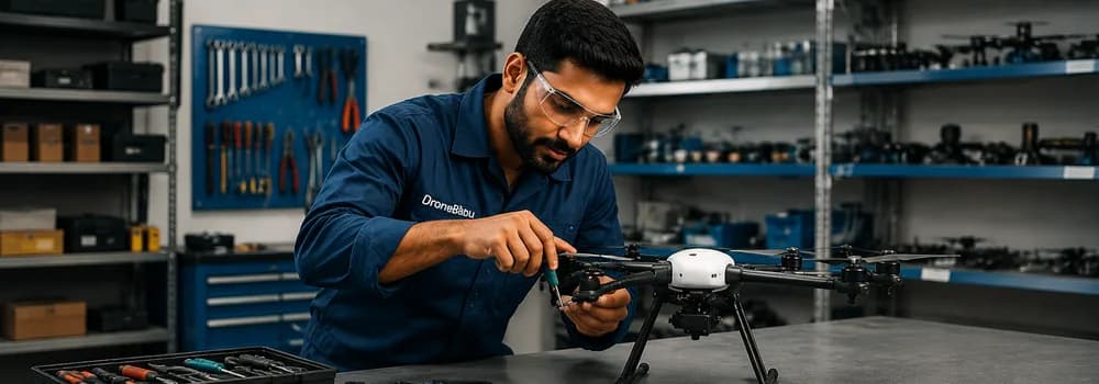 A service engineer at a workbench, repairing a drone with a screwdriver.