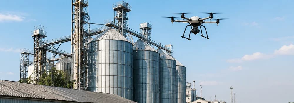 A survey drone flying past grain silos at an agri-processing site.