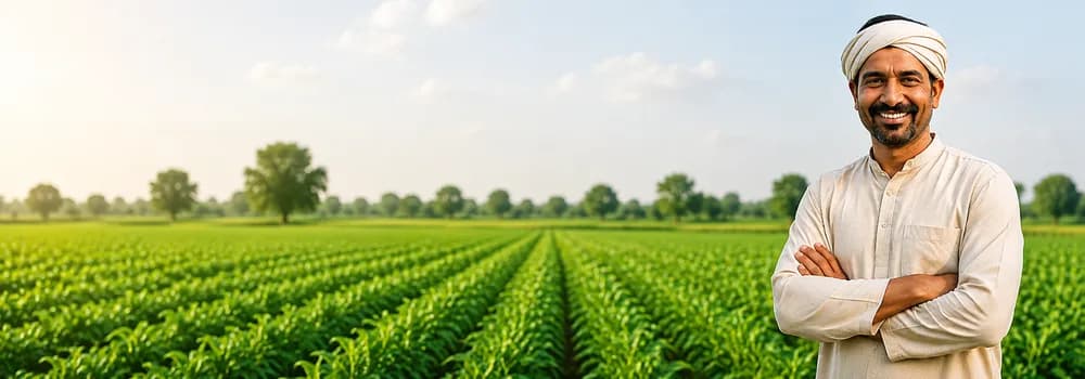 A farmer standing with folded arms in front of his crop rows.