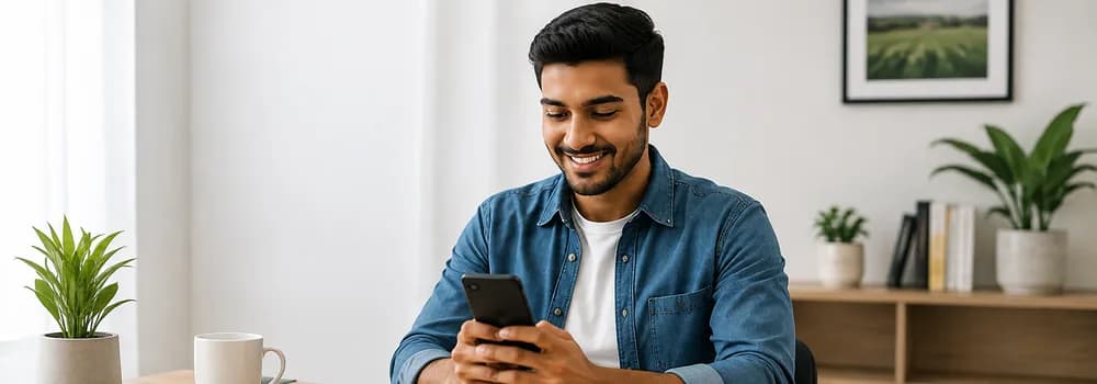 A young man at a desk at home, smiling at his phone.