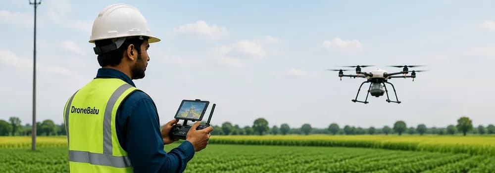 A certified pilot in helmet and hi-vis vest flying a spray drone over a field.