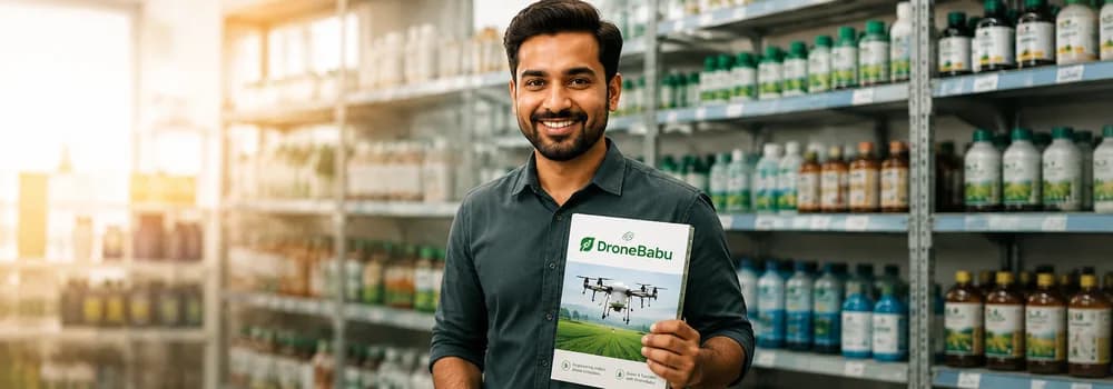 An agri-input retailer at his shop counter, holding a DroneBabu brochure.