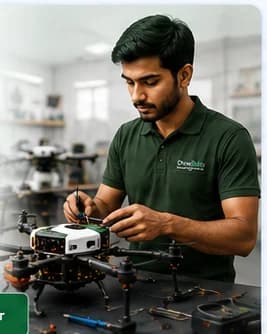 Trainee service engineer repairing an agricultural drone