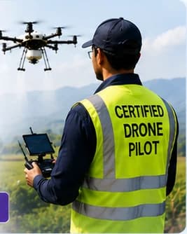 Certified drone pilot in a DroneBabu vest operating a drone